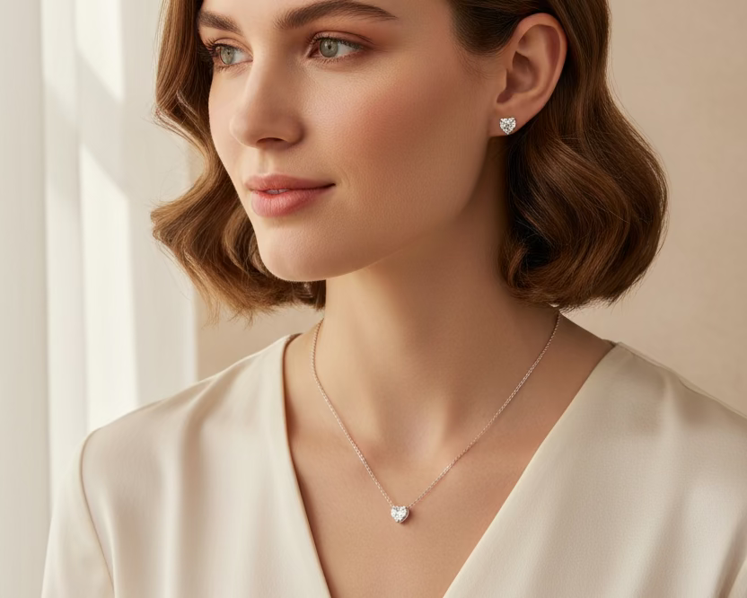 Elegant 925 sterling silver 1 carat pendant necklace and earrings