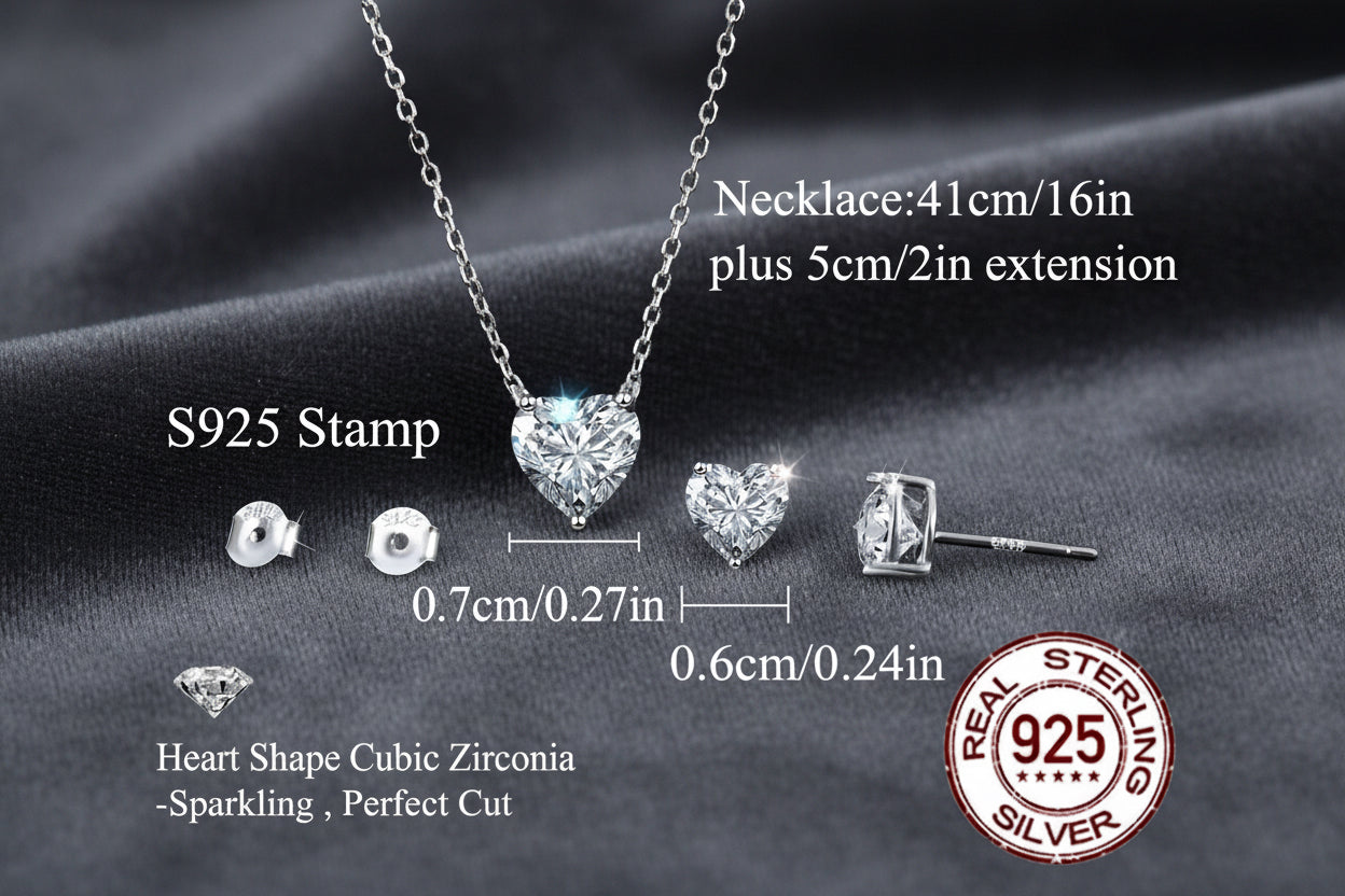 Elegant 925 sterling silver 1 carat pendant necklace and earrings