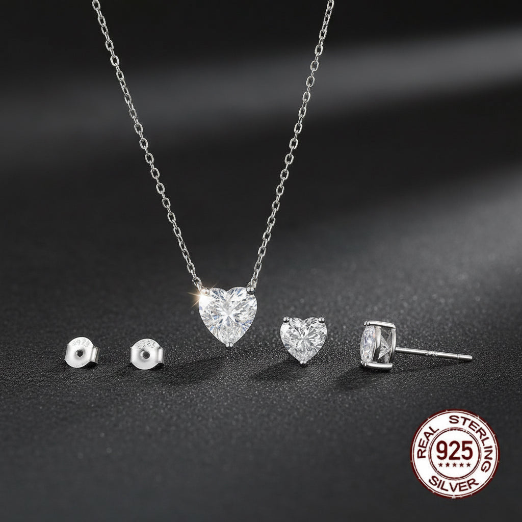 Elegant 925 sterling silver 1 carat pendant necklace and earrings